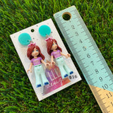 Brunette Groupie Girl Brick Character Dangle Earrings - Featuring Teal Tops!