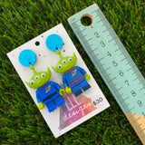 Brick Character Three Eyed Alien Dangle Earrings - Featuring Blue Glitter Tops!
