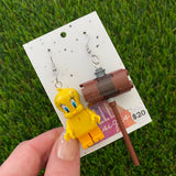 Brick Character Yellow Bird with Hammer Dangle Earrings - Featuring Surgical Stainless Steel Silver Hooks!