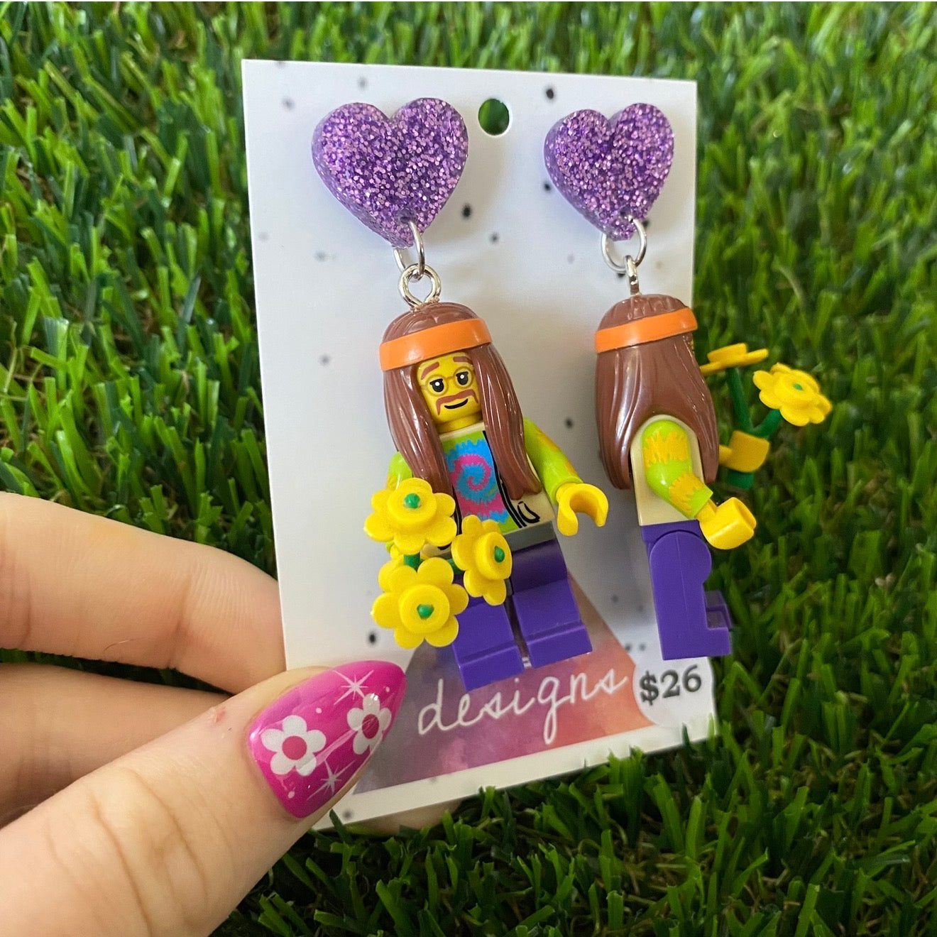 Hippie Guy Brick Character With Bouquet - Featuring Purple Glitter Acrylic Heart Tops!