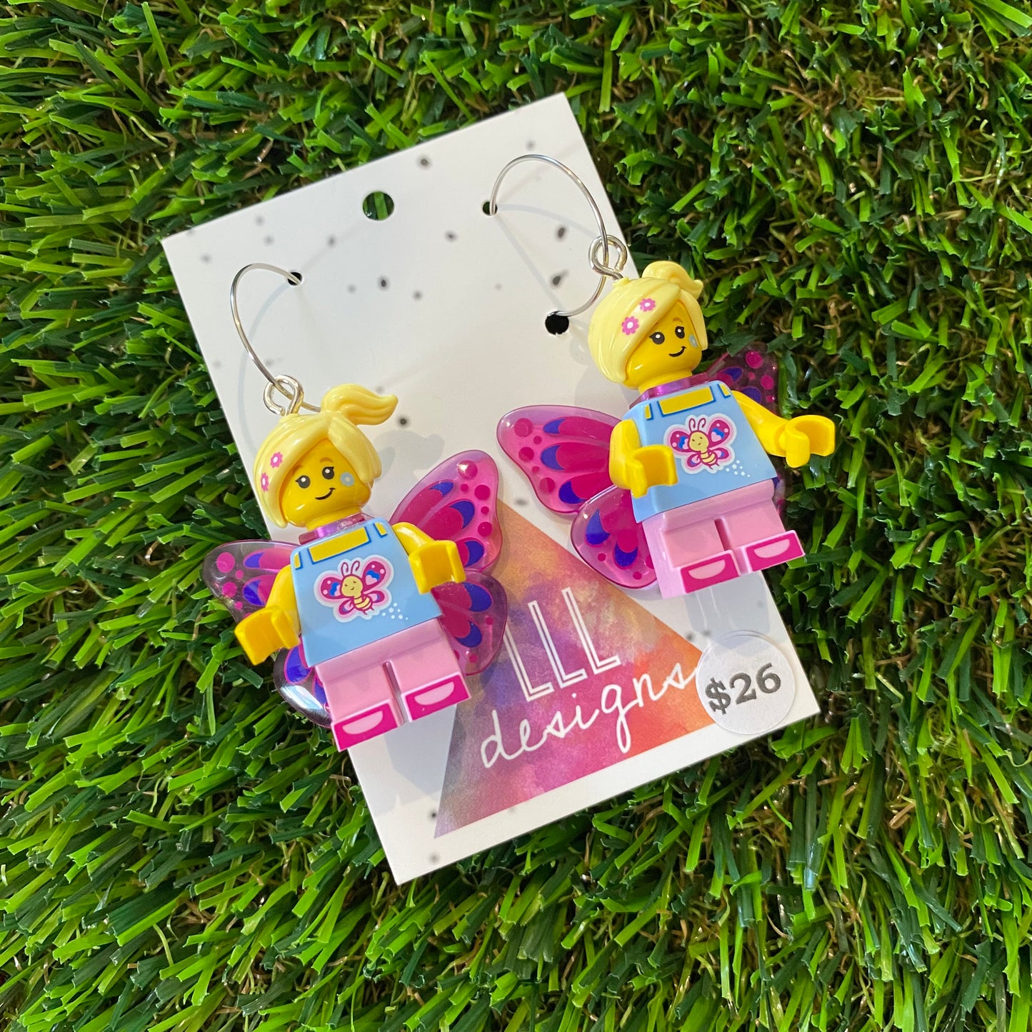 Butterfly Girl Brick Character Dangle Earrings - Featuring Silver Surgical Stainless Steel Hoops!