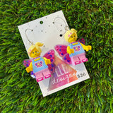 Butterfly Girl Brick Character Dangle Earrings - Featuring Silver Surgical Stainless Steel Hoops!