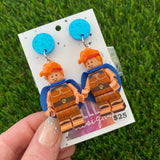 Strong Caped Hero Brick Character Dangle Earrings and Accessories - Featuring Blue Glitter Tops!