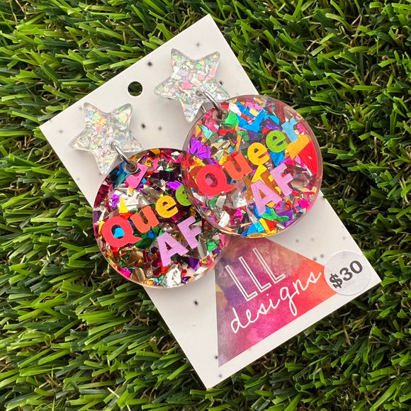 Rainbow Pride Queer AF Dangle Earrings Featuring Glittery Silver Star Top - Part of our AF Range!
