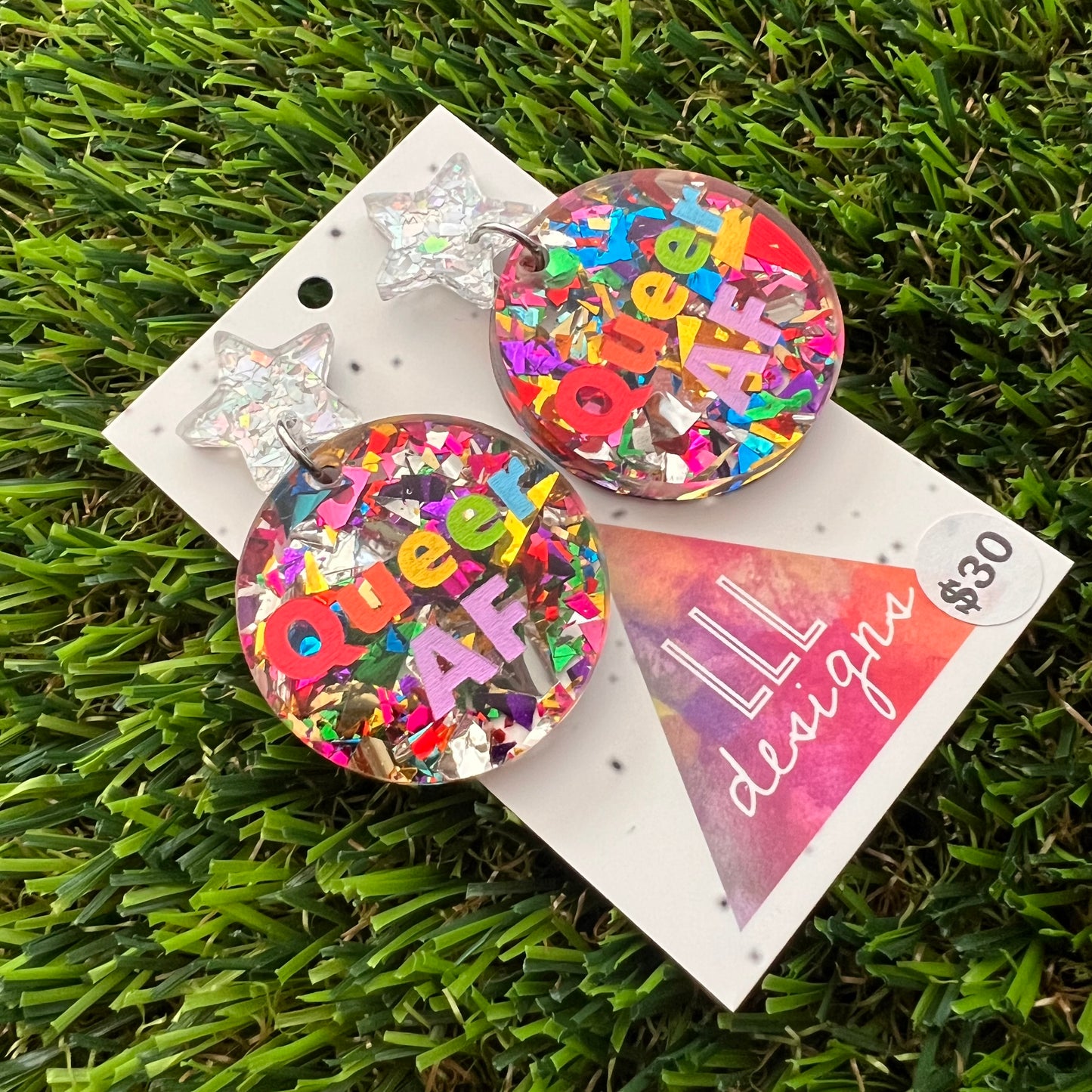 Rainbow Pride Queer AF Dangle Earrings Featuring Glittery Silver Star Top - Part of our AF Range!