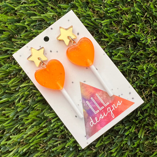 Orange Heart Lollipop Dangle Earrings Featuring Gold Mirror Star Top!