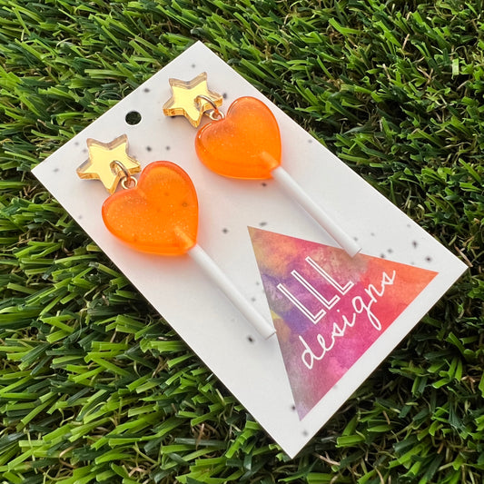 Orange Heart Lollipop Dangle Earrings Featuring Gold Mirror Star Top!