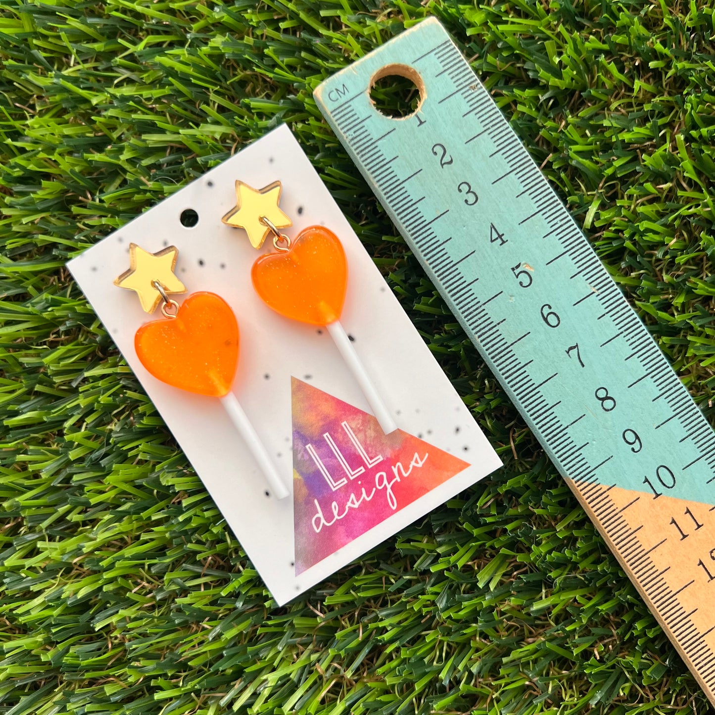 Orange Heart Lollipop Dangle Earrings Featuring Gold Mirror Star Top!