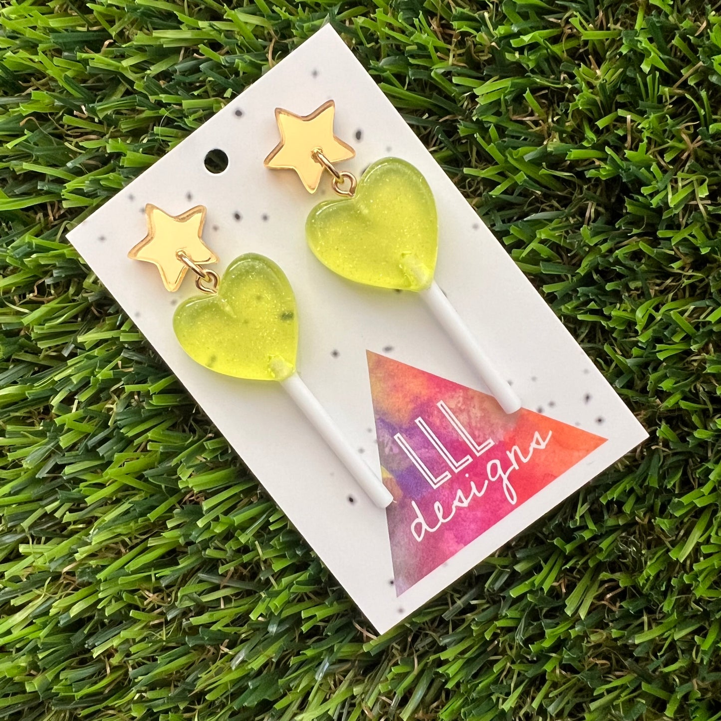 Yellow Heart Lollipop Dangle Earrings Featuring Gold Mirror Star Top!
