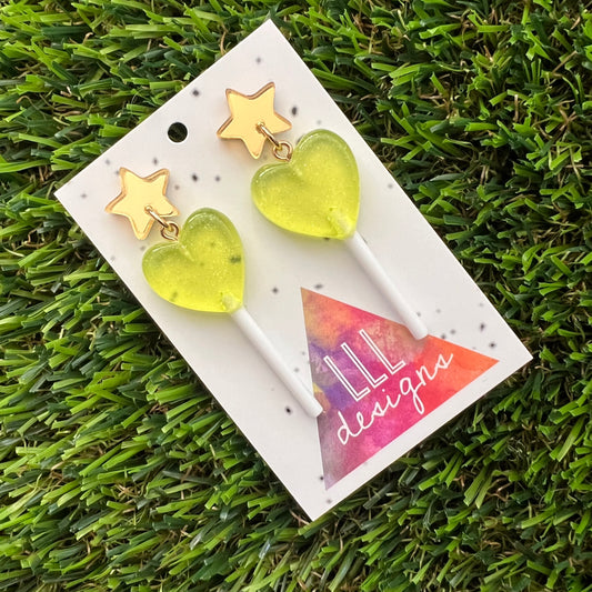 Yellow Heart Lollipop Dangle Earrings Featuring Gold Mirror Star Top!