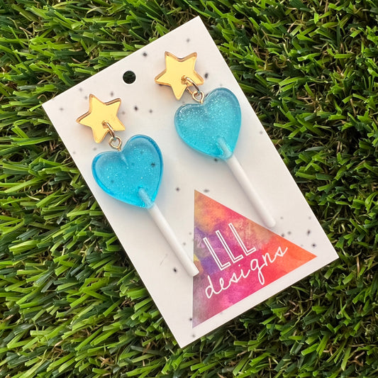 Blue Heart Lollipop Dangle Earrings Featuring Gold Mirror Star Top!