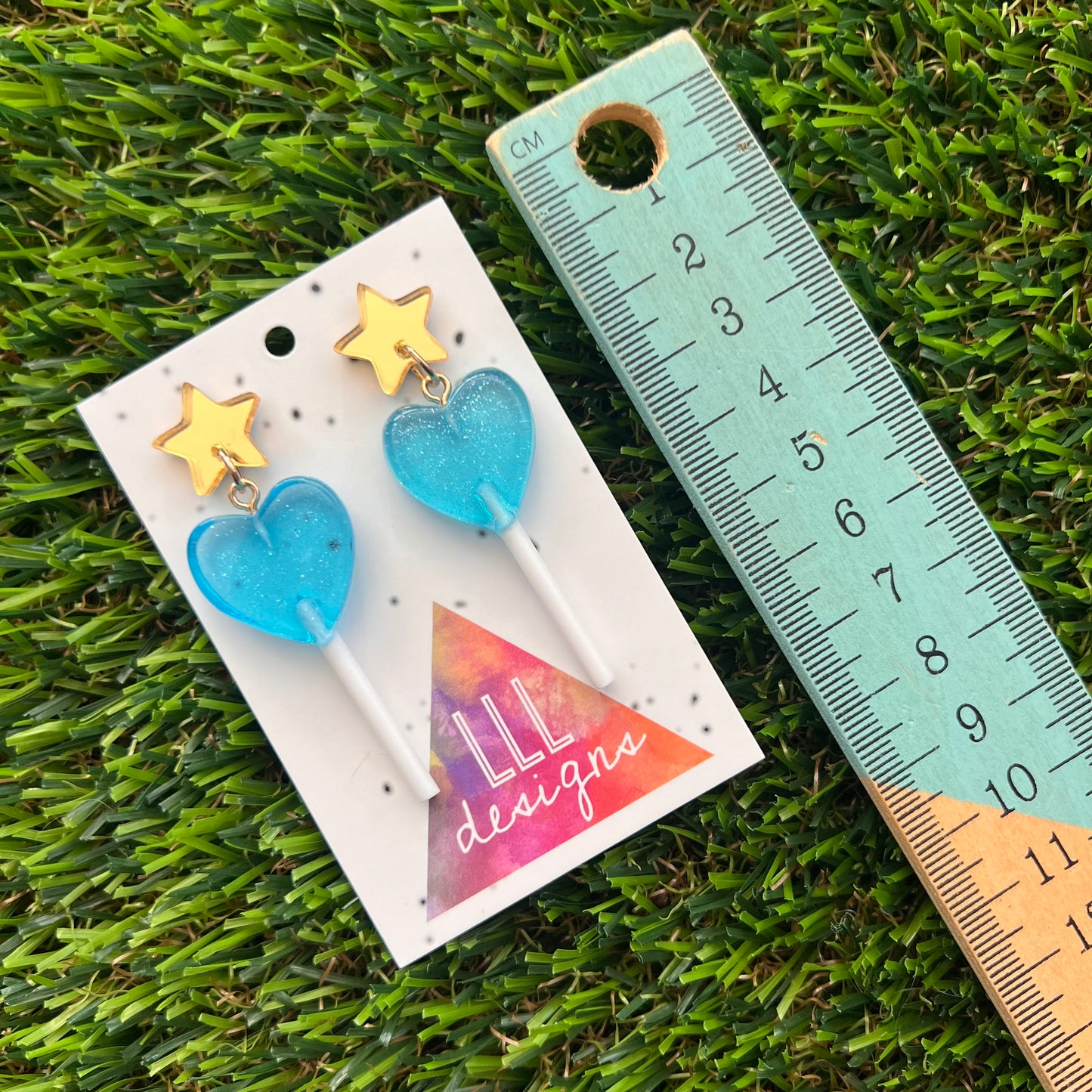 Blue Heart Lollipop Dangle Earrings Featuring Gold Mirror Star Top!