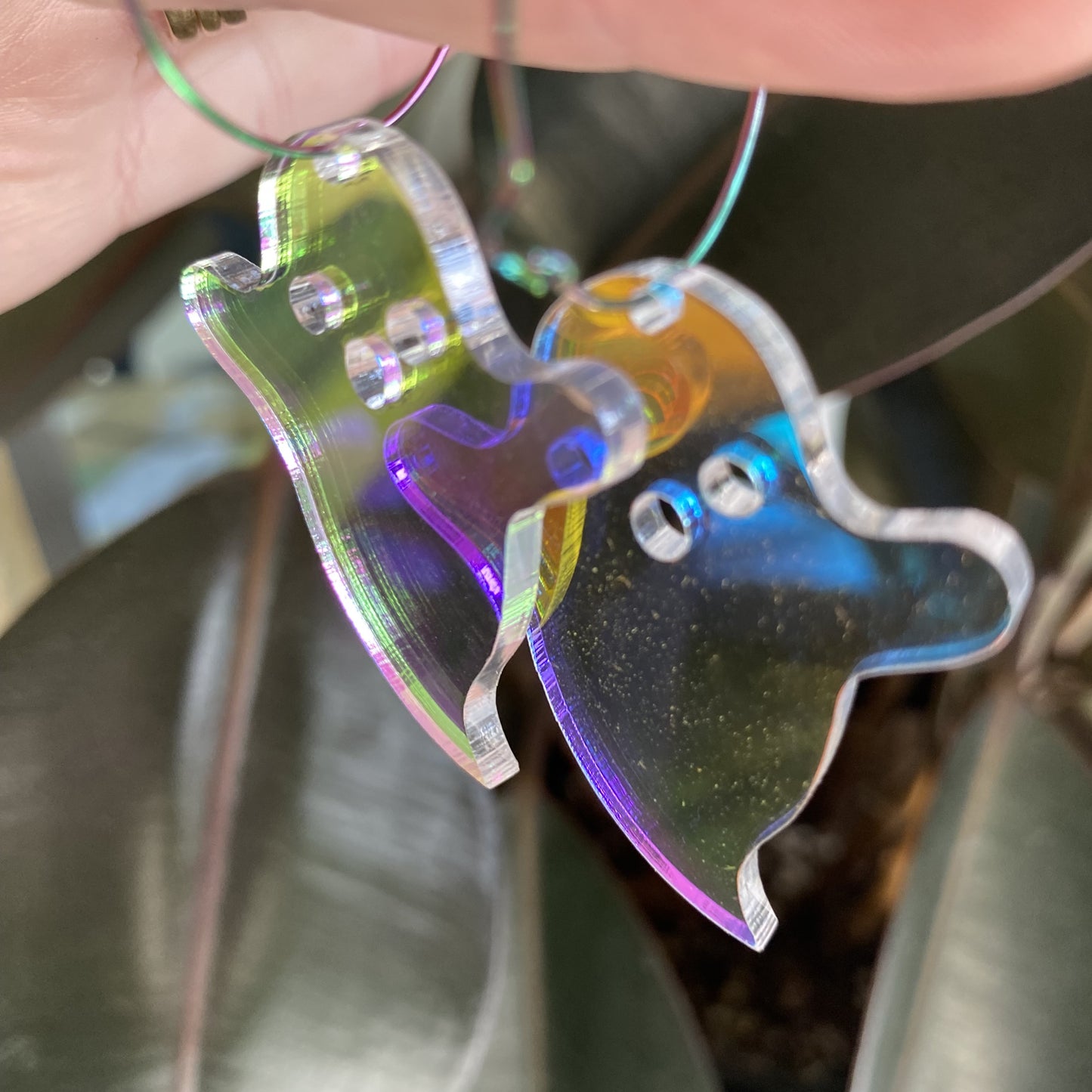 Iridescent Ghost Hoop Earrings Large - Featuring Rainbow Hoops for Extra Color!
