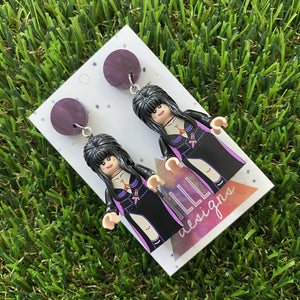 Elvira Mistress Halloween Brick Person Earrings - Halloween Dangle Earrings Featuring Purple Marble Swirl Top!