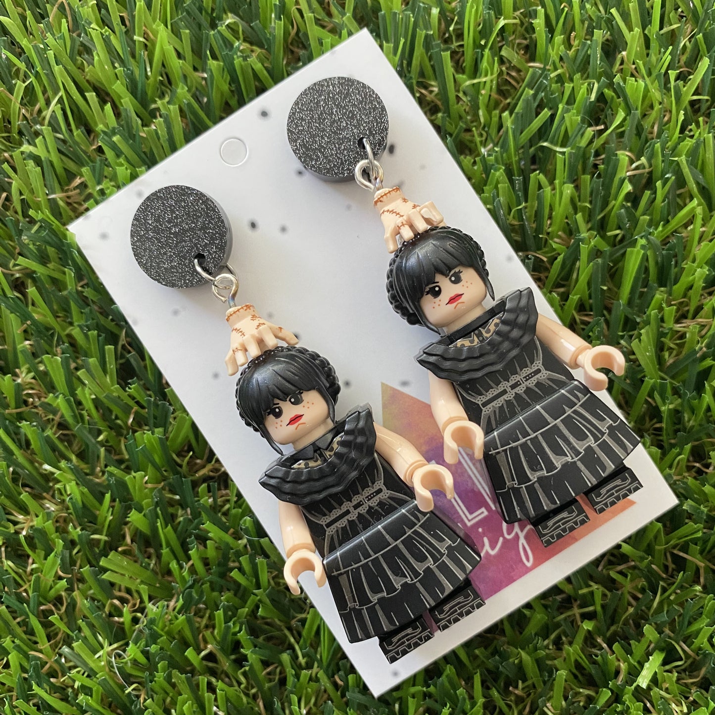 Wednesday Dress Dangle Earrings (silver) - Halloween Earrings - Brick Person Earrings - Featuring Black Glitz Tops.