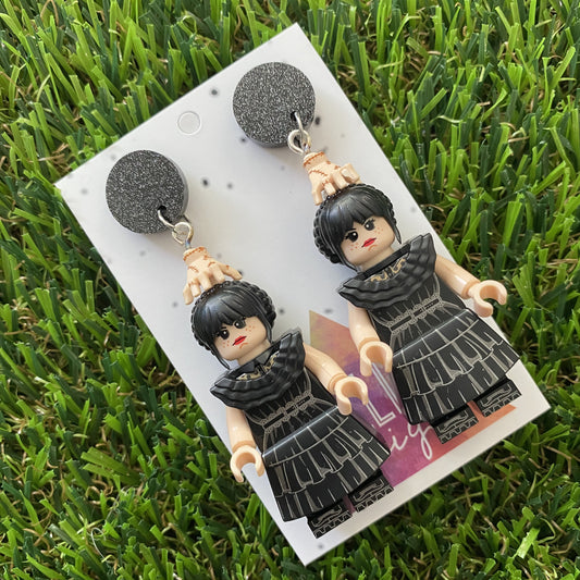 Wednesday Dress Dangle Earrings (silver) - Halloween Earrings - Brick Person Earrings - Featuring Black Glitz Tops.