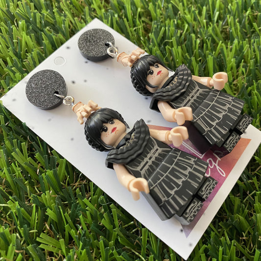 Wednesday Dress Dangle Earrings (silver) - Halloween Earrings - Brick Person Earrings - Featuring Black Glitz Tops.