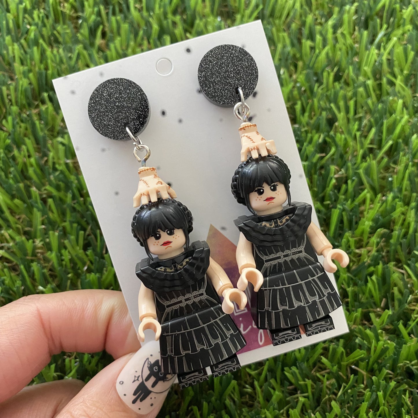 Wednesday Dress Dangle Earrings (silver) - Halloween Earrings - Brick Person Earrings - Featuring Black Glitz Tops.