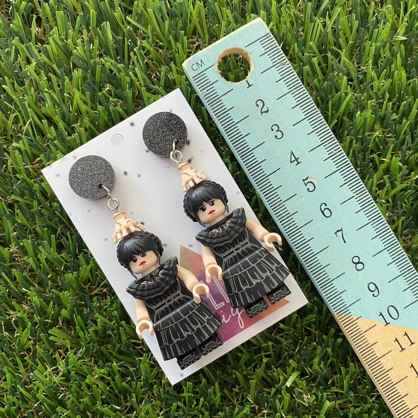 Wednesday Dress Dangle Earrings (silver) - Halloween Earrings - Brick Person Earrings - Featuring Black Glitz Tops.