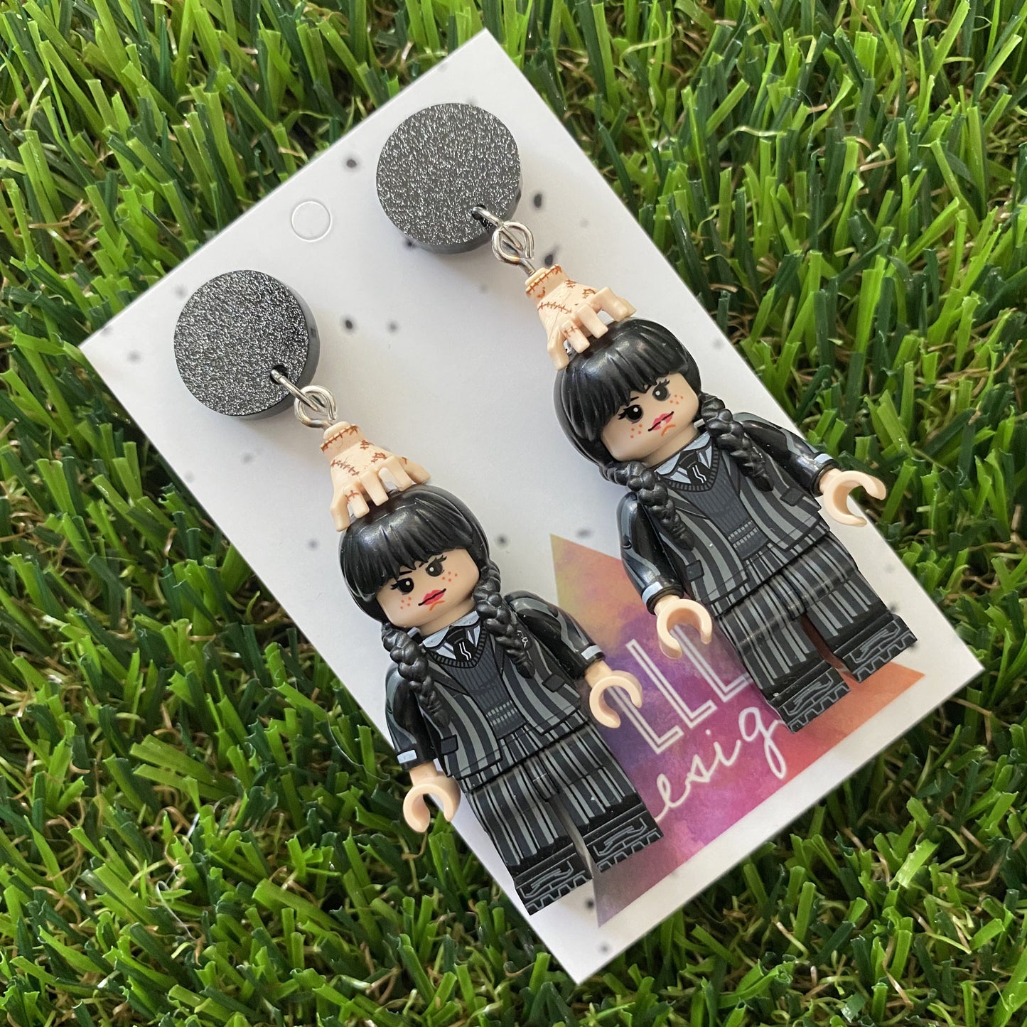 Wednesday School Uniform Dangle Earrings (silver) - Halloween Earrings - Brick Person Earrings - Featuring Black Glitz Tops.