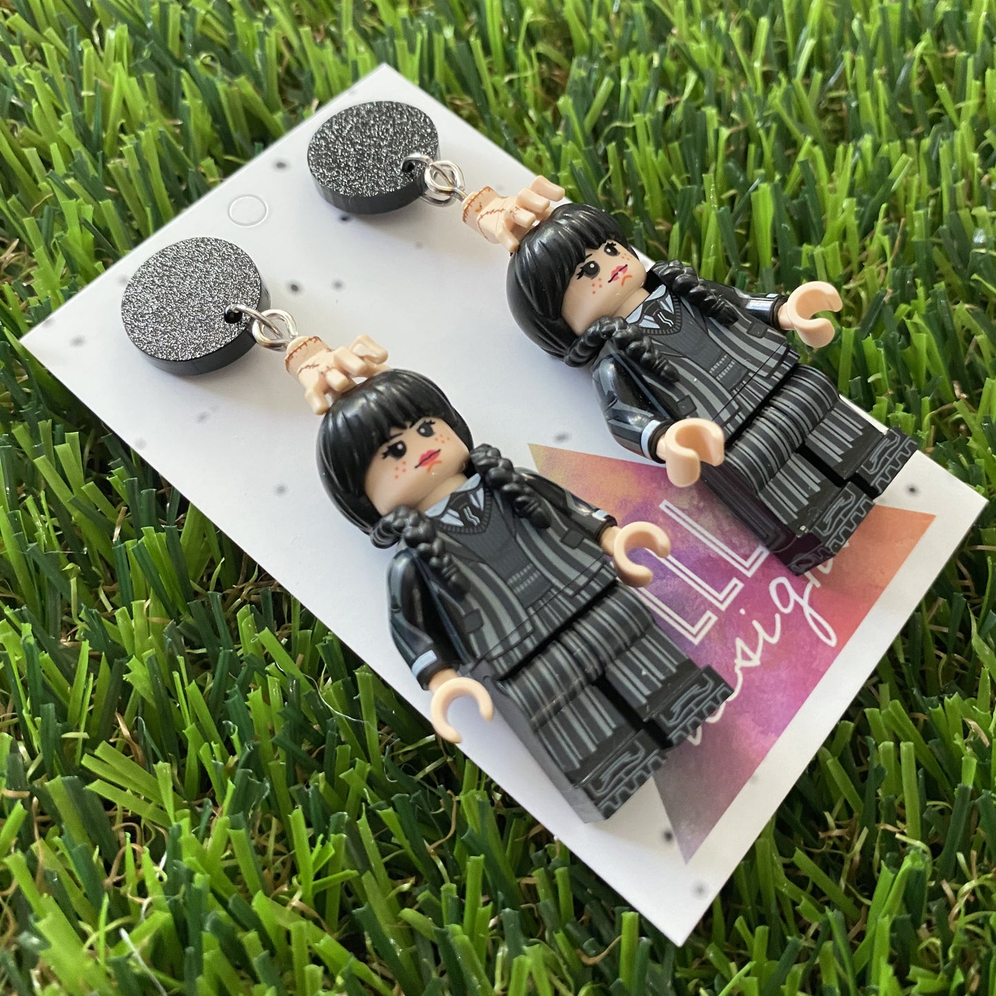 Wednesday School Uniform Dangle Earrings (silver) - Halloween Earrings - Brick Person Earrings - Featuring Black Glitz Tops.