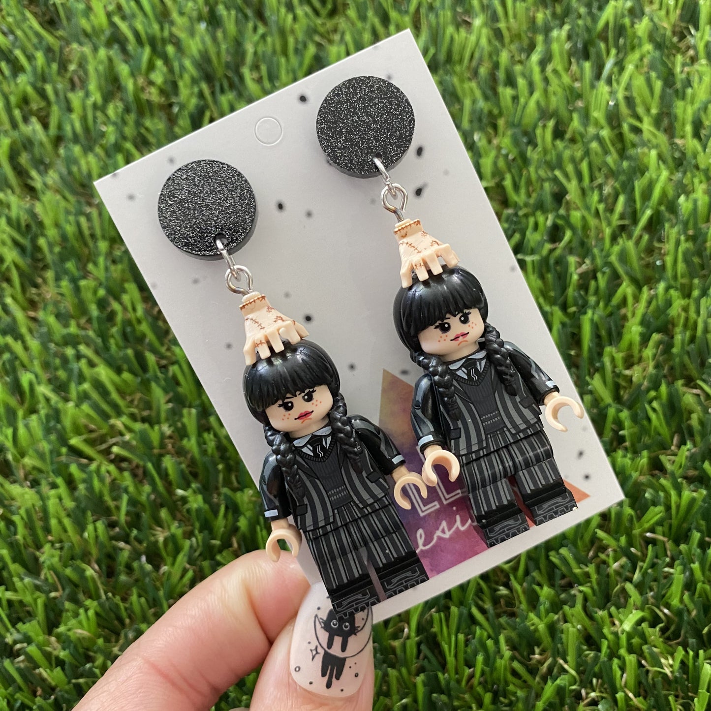 Wednesday School Uniform Dangle Earrings (silver) - Halloween Earrings - Brick Person Earrings - Featuring Black Glitz Tops.