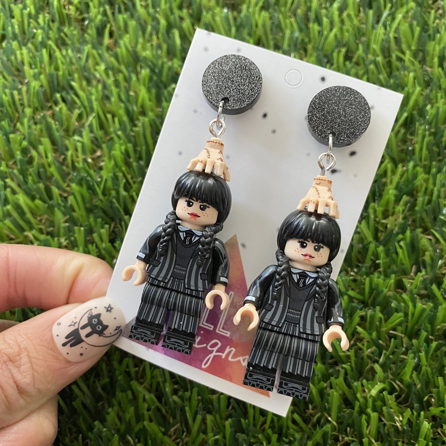 Wednesday School Uniform Dangle Earrings (silver) - Halloween Earrings - Brick Person Earrings - Featuring Black Glitz Tops.