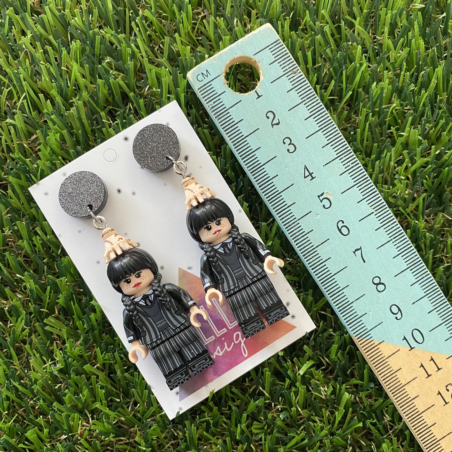Wednesday School Uniform Dangle Earrings (silver) - Halloween Earrings - Brick Person Earrings - Featuring Black Glitz Tops.