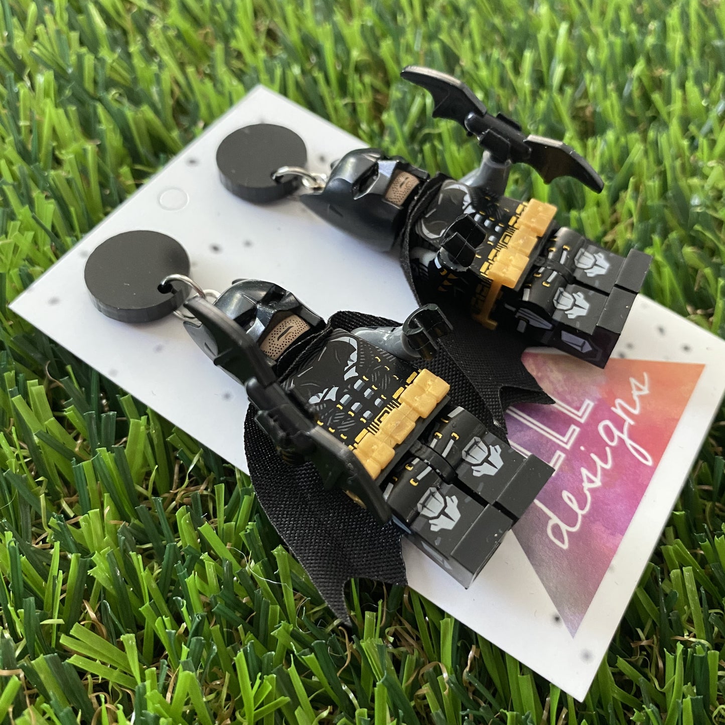 Black Caped Bat Superhero Halloween Brick Person Earrings - Halloween Dangle Earrings Featuring Black Tops!
