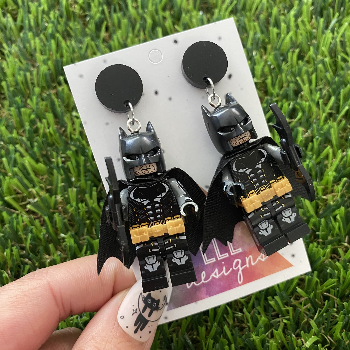 Black Caped Bat Superhero Halloween Brick Person Earrings - Halloween Dangle Earrings Featuring Black Tops!
