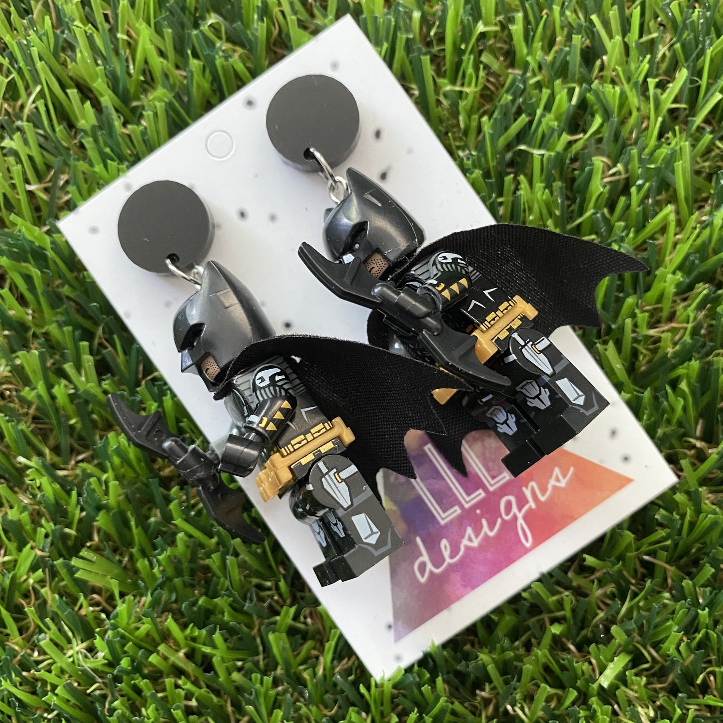 Black Caped Bat Superhero Halloween Brick Person Earrings - Halloween Dangle Earrings Featuring Black Tops!