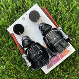 Black Helmet Space Villain Halloween Brick Person Earrings - Halloween Dangle Earrings Featuring Black Tops!