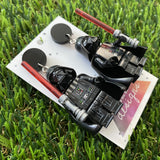 Black Helmet Space Villain Halloween Brick Person Earrings - Halloween Dangle Earrings Featuring Black Tops!