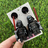 Black Helmet Space Villain Halloween Brick Person Earrings - Halloween Dangle Earrings Featuring Black Tops!