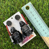 Black Helmet Space Villain Halloween Brick Person Earrings - Halloween Dangle Earrings Featuring Black Tops!