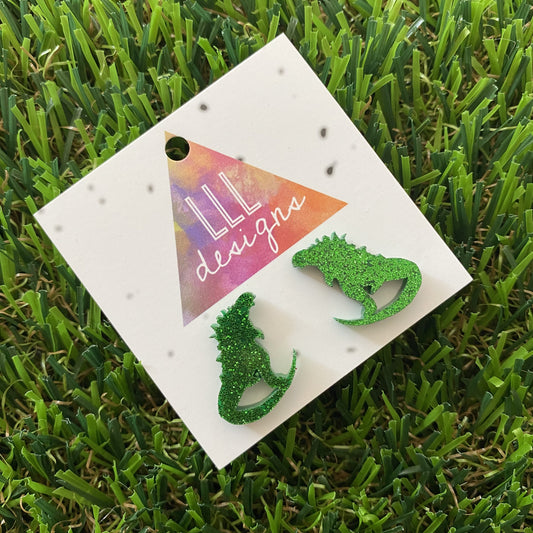 Lizard Earrings - Giant Lizard Studs in Grass Green Glitter!