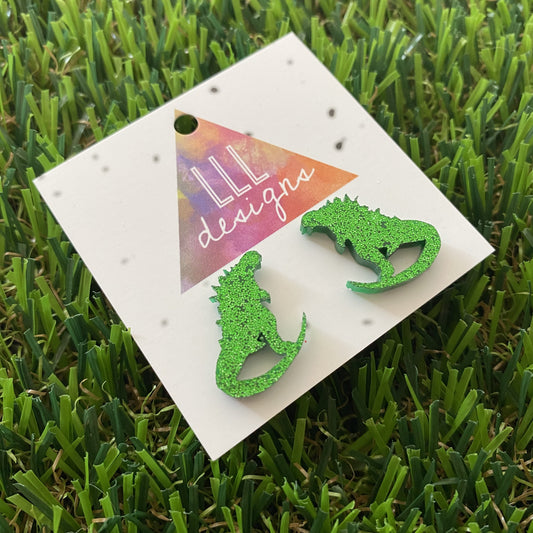Lizard Earrings - Giant Lizard Studs in Grass Green Glitter!