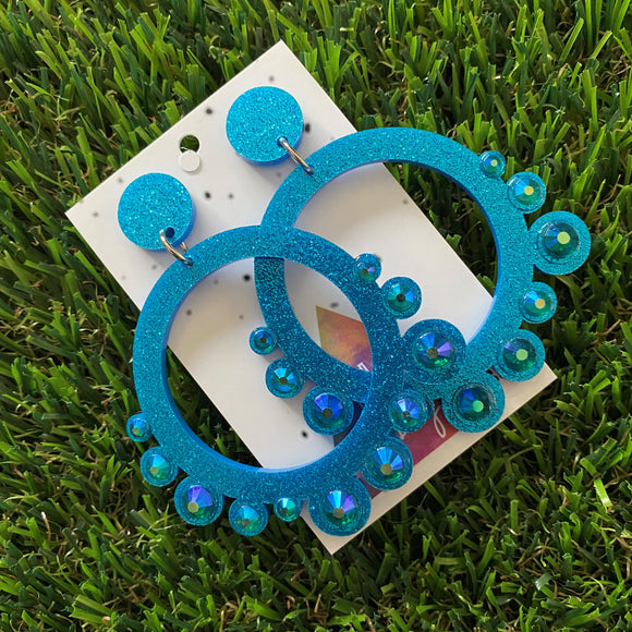Rhinestone Earrings - Blue Mega Rhinestoned Bubble Circle Dangle Earrings - These babys SPARKLE!
