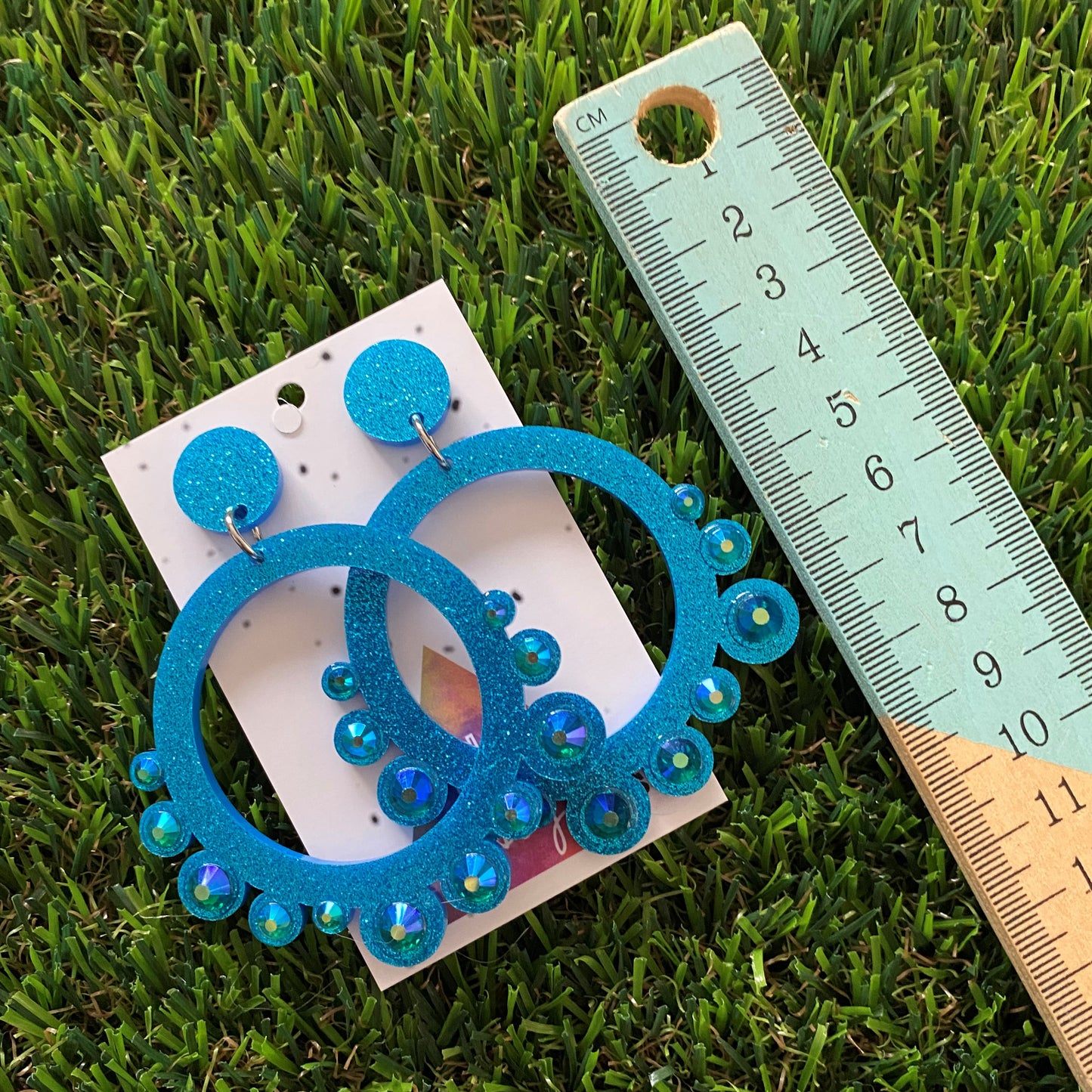 Rhinestone Earrings - Blue Mega Rhinestoned Bubble Circle Dangle Earrings - These babys SPARKLE!