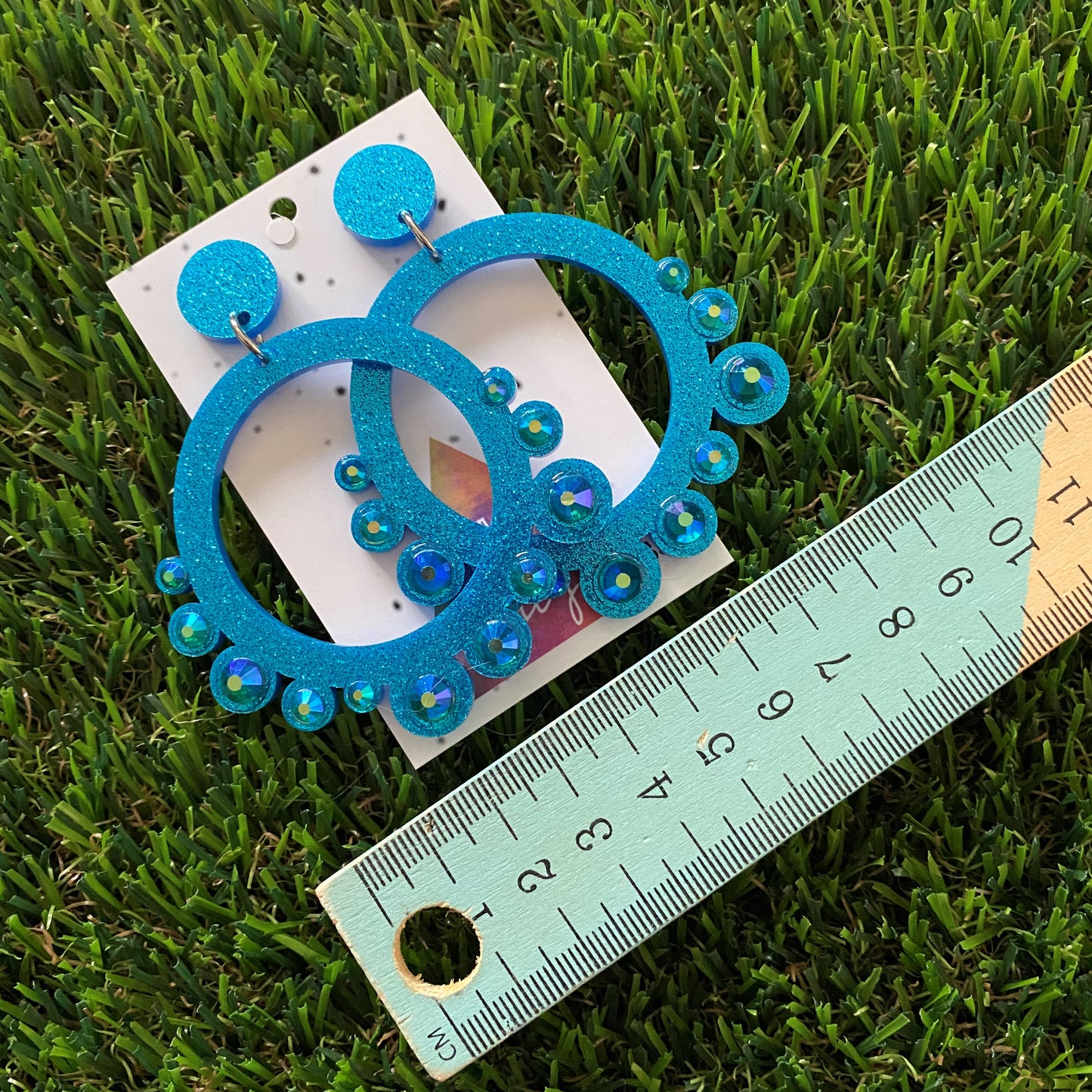 Rhinestone Earrings - Blue Mega Rhinestoned Bubble Circle Dangle Earrings - These babys SPARKLE!