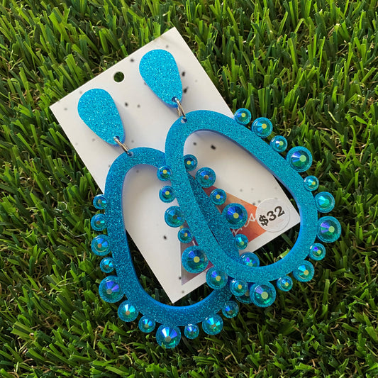 Rhinestone Earrings - Blue Mega Rhinestoned Bubble Teardrop Dangle Earrings - These babys have MEGA BLING!