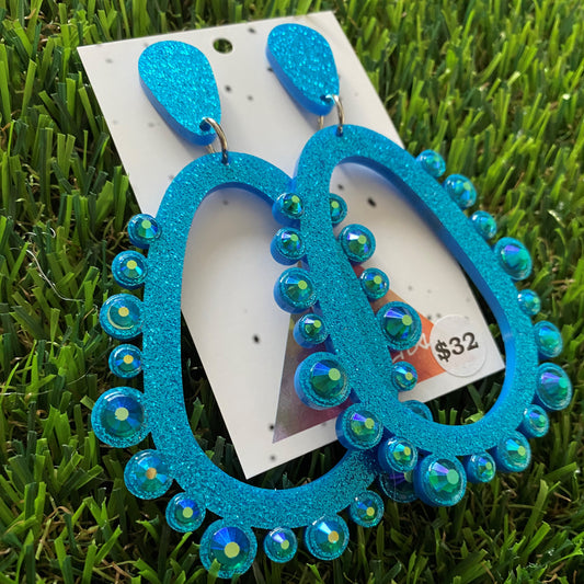 Rhinestone Earrings - Blue Mega Rhinestoned Bubble Teardrop Dangle Earrings - These babys have MEGA BLING!