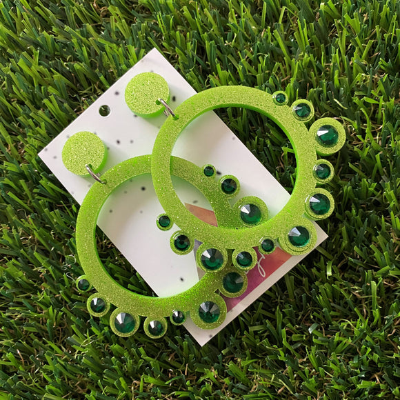 Rhinestone Earrings - Green Mega Rhinestoned Bubble Circle Dangle Earrings - These babys really SPARKLE!