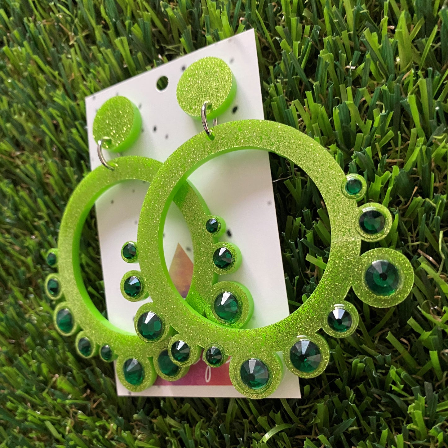 Rhinestone Earrings - Green Mega Rhinestoned Bubble Circle Dangle Earrings - These babys really SPARKLE!