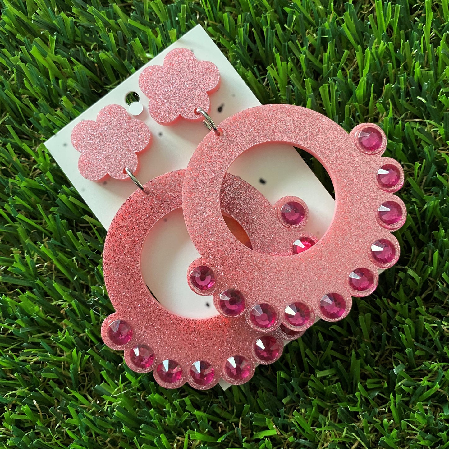 Pink Glitter Earrings - Perfectly Pink Bubble Circle Mega Dangle Earrings With Puffy Flower Tops to make them POP! Oh and don't forget the AMAZING Rhinestones!