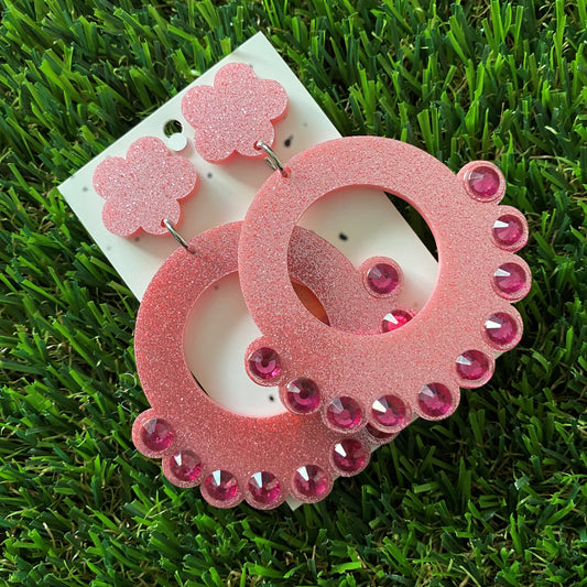 Pink Glitter Earrings - Perfectly Pink Bubble Circle Mega Dangle Earrings With Puffy Flower Tops to make them POP! Oh and don't forget the AMAZING Rhinestones!