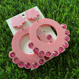 Pink Glitter Earrings - Perfectly Pink Bubble Circle Mega Dangle Earrings With Puffy Flower Tops to make them POP! Oh and don't forget the AMAZING Rhinestones!