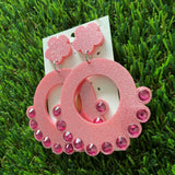 Pink Glitter Earrings - Perfectly Pink Bubble Circle Mega Dangle Earrings With Puffy Flower Tops to make them POP! Oh and don't forget the AMAZING Rhinestones!
