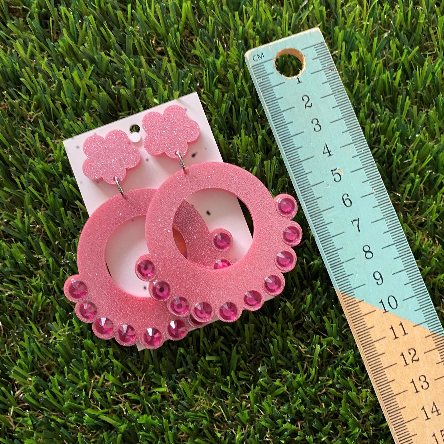 Pink Glitter Earrings - Perfectly Pink Bubble Circle Mega Dangle Earrings With Puffy Flower Tops to make them POP! Oh and don't forget the AMAZING Rhinestones!