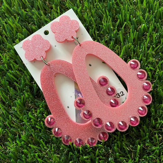 Rhinestone Earrings - Perfectly Pink Glitter Bubble TearDrop Mega Dangle Earrings With Puffy Flower Tops to make them POP! Oh and don't forget the AMAZING Rhinestones!